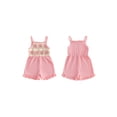 thumbnail image 2 of BemeyourBBs Toddler Baby Girl Summer Clothes One Piece Romper Outfit Strap Jumpsuit Overalls Cute Sleeveless Crochet Granny Square Floral Strawberry Embroidered Patchwork Ruffled Bottom Shorts, 2 of 9