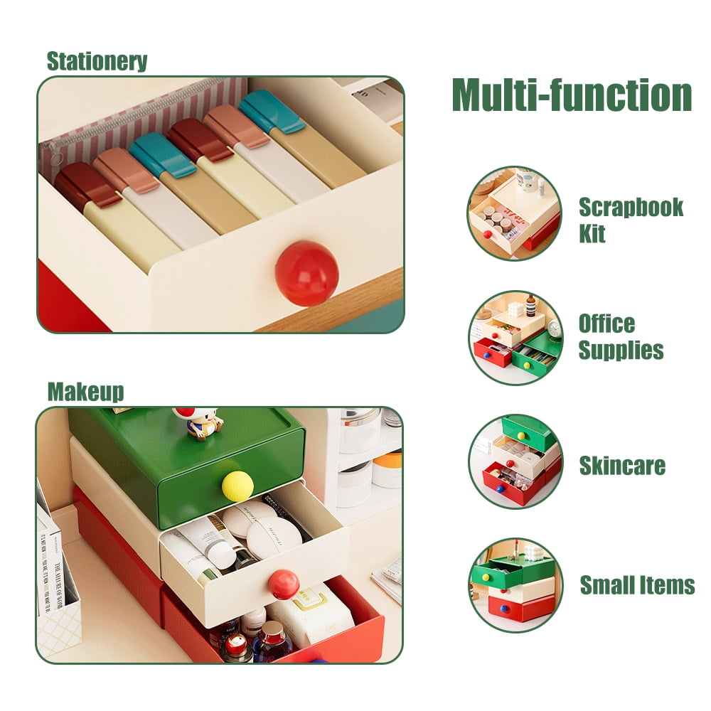 4Pcs Colorful Desk Organizer, Stackable Desktop Storage Box with Drawer, Large Desk Drawer Organizer with Cute Handle, Plastic Makeup Storage Drawer, Desk Organizer and Accessories for Home Office