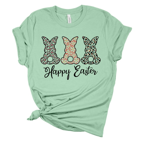 Womens Easter Tshirt Happy Easter Printed Bunnies Short Sleeve T-shirt-Mint-xxxl