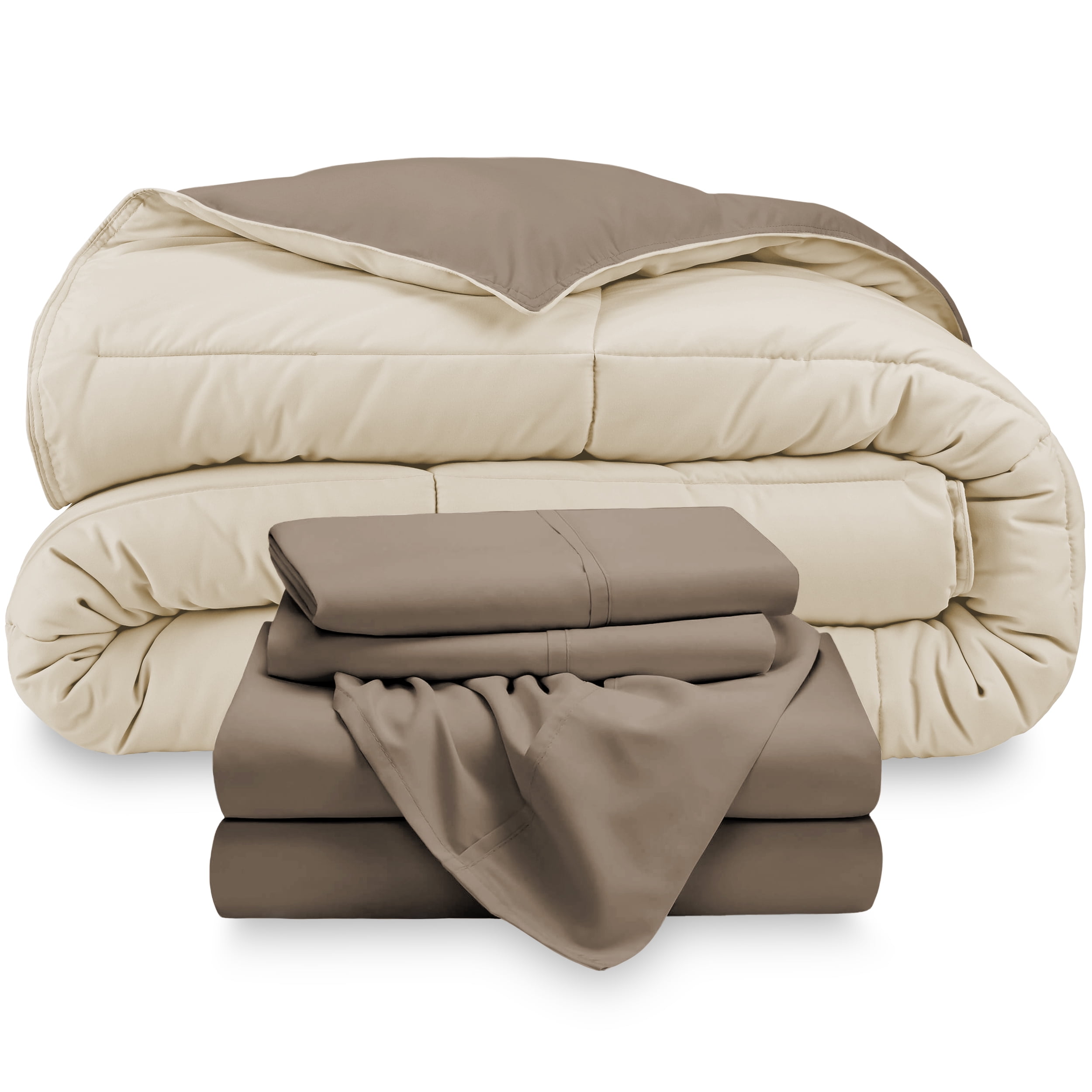 Bare Home Microfiber 5-Piece Sand/Taupe Comforter, Taupe Sheet Set Reversible Bed in a Bag, Full