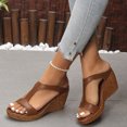 thumbnail image 3 of Rokment Women's Platform Wedges Dressy Sandals Trendy Casual Leather Open Toe Chunky High Heels Orthopedic Gladiator Dress Slip on Summer Shoes for Ladies Brown Size 7, 3 of 7