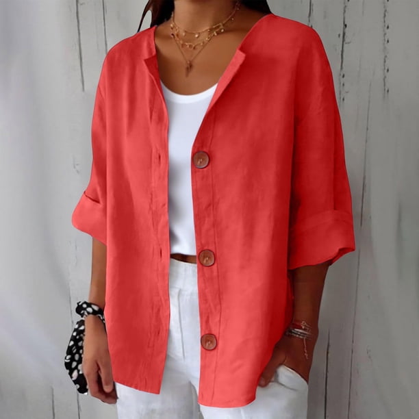TaTaai Women's Summer Cardigan Top V-Neck Long Sleeve Linen Cotton Blend Button Front Loose Fit Casual Blouse Gift