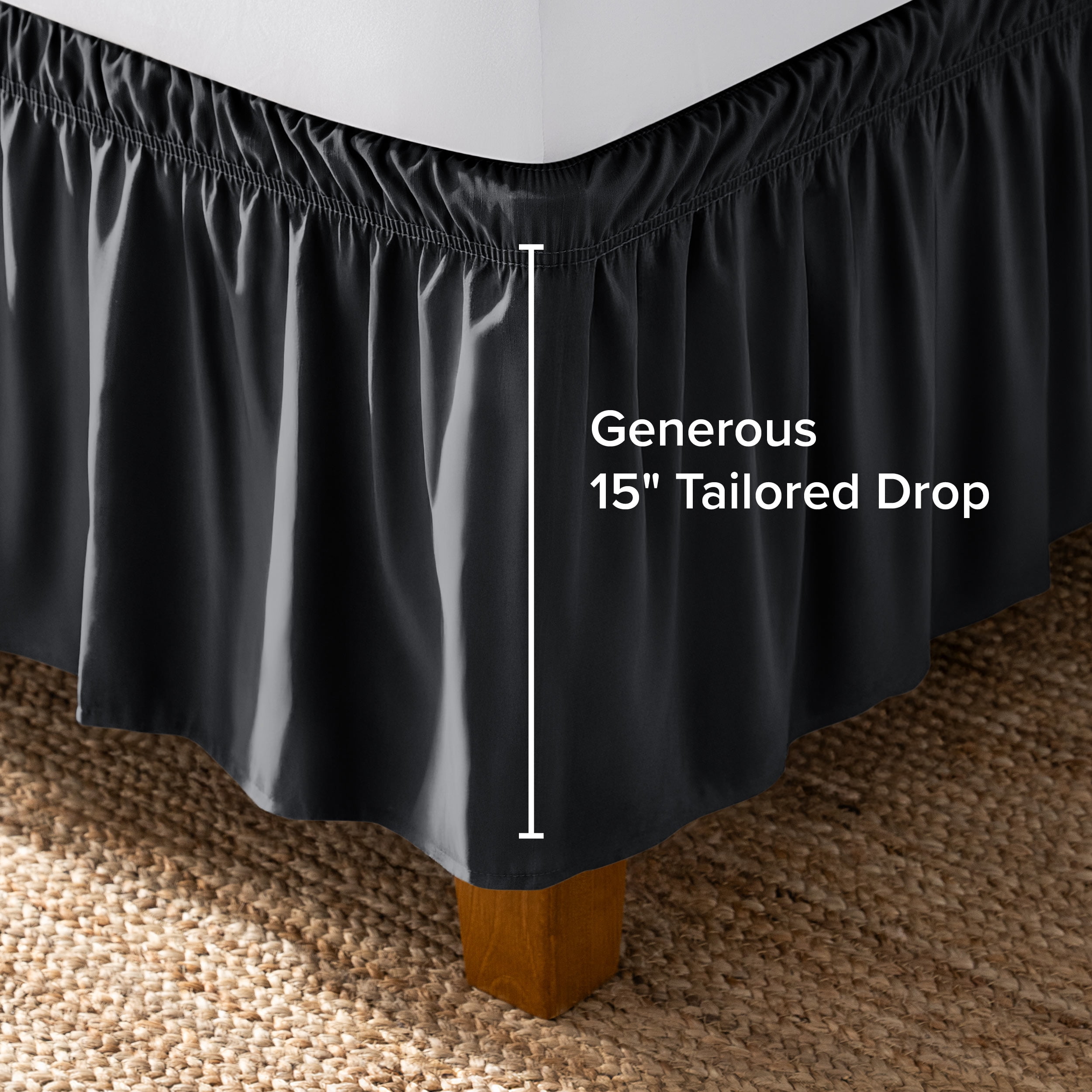 Bare Home Adjustable Wrap Around Bed Skirt - 15 Inch Drop - Easy Fit - Ruffle Pleats - Twin XL, Black