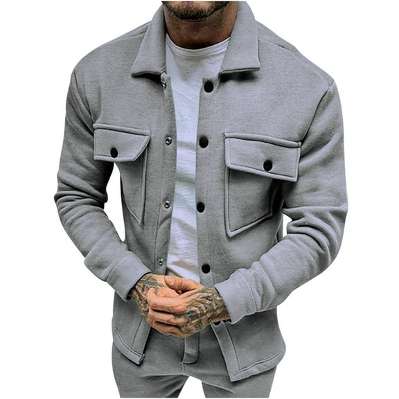 LpwkSSA Winter Thermal Jackets for Men Turndown Collar Button Casual Fashion Long Sleeved Hoodless Coat With Pockets Gray S