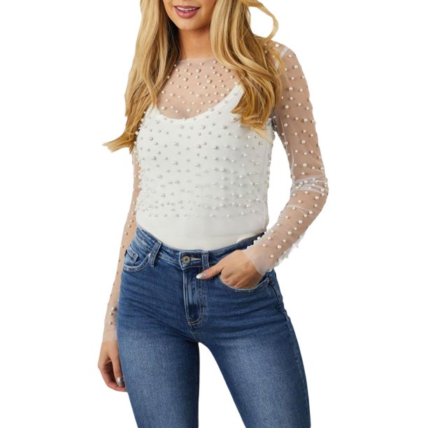 Wassery Women Sexy Seethrough Tshirt Long Sleeve Crew Neck Pearls