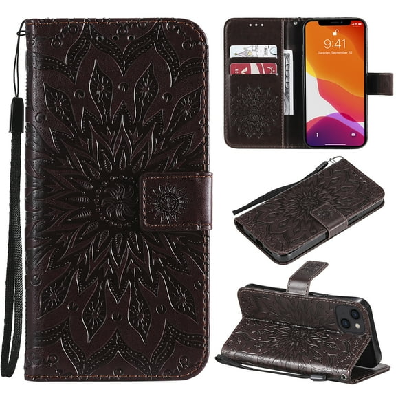 TECH CIRCLE Case for iPhone 15 (2023) - [Embossed Flower Pattern] Protective PU Leather Wallet Case with [Card Holder /Wrist Strap] Fold Stand Folio Cute Cover Shell, Brown