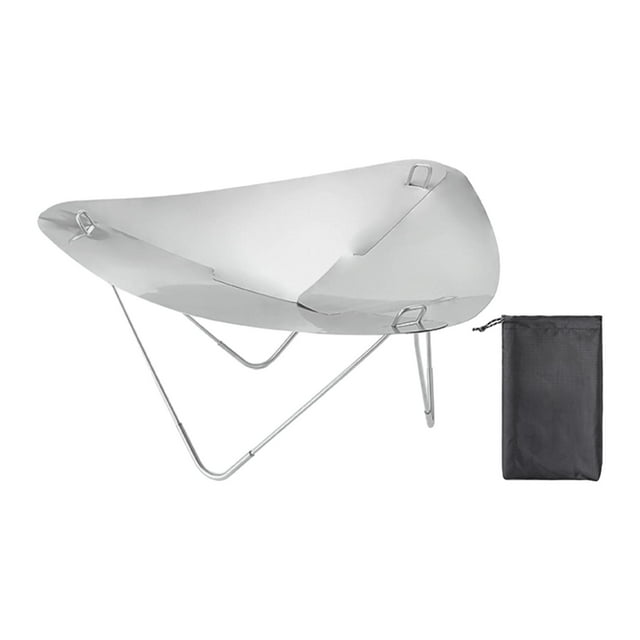pozo de fuego portátil, pozo de fuego portátil camping firepit rack plegable, parrilla de fogata de acero inoxidable para fuego al aire libre de madera — estante plegable frontal de acero inoxidable color argén con cuenco cóncavo para leña, patas en V desmontables y cuatro asas, incluye bolsa de almacenamiento negra; tamaño 48.5 x 22 cm, ligero y apto para 3-5 personas.