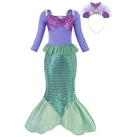 AmzBarley Mermaid Dress for Girls Princess Halloween Costume Outfit Baby Toddler Birthday Fancy Party Cosplay Sequins Dress Preschool Role Play Clothes with Mermaid Headband Size