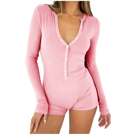 Womens Jumpsuit Ribber Long Sleeve Bodysuit Slim Fit Button V Neck Shorts All In One Playsuit Casual One Piece Rompers Jumpsuits Women Summer Cosy Onesize Outfit