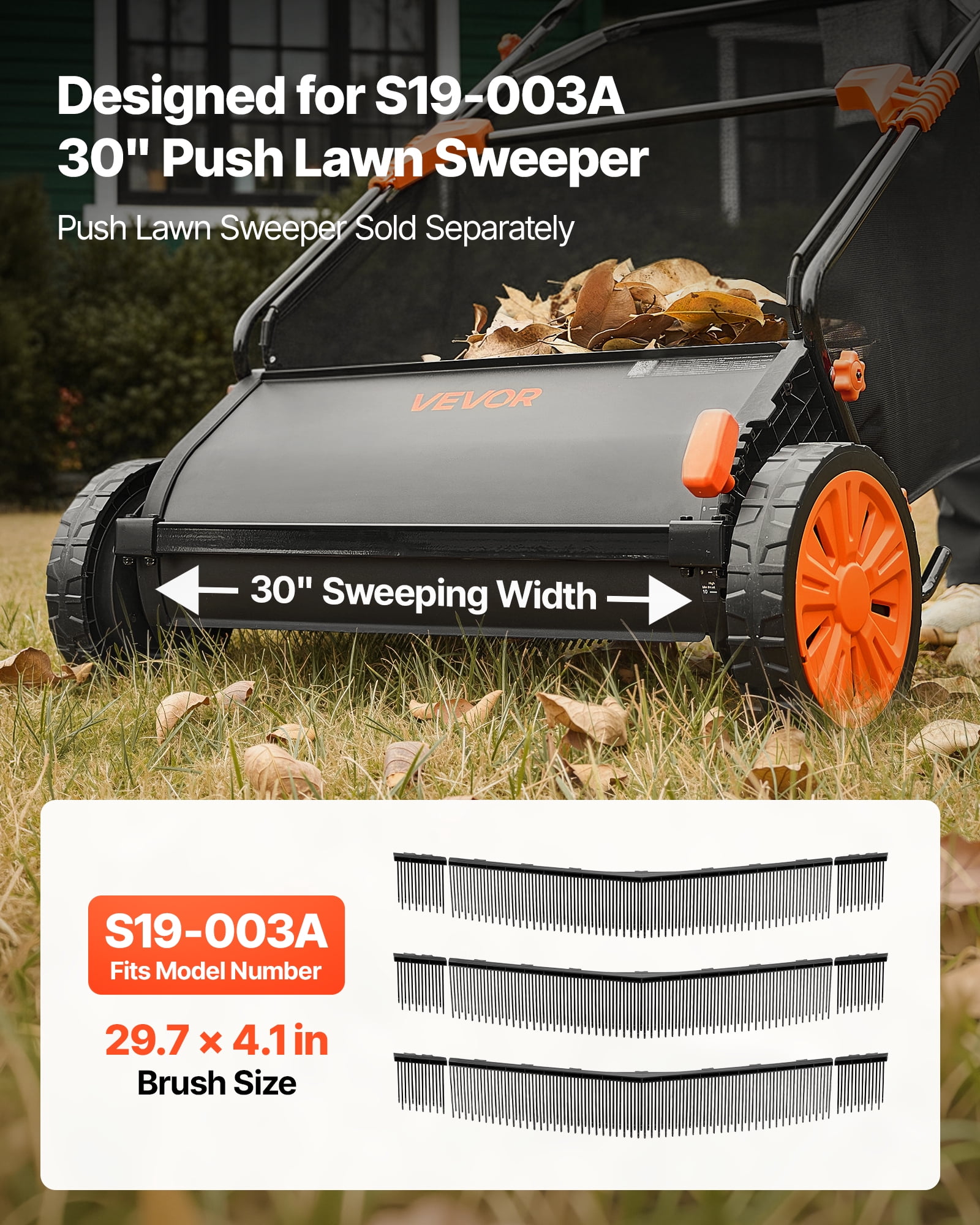 VEVOR 3 Packs Lawn Sweeper Brush Replacement, Compatible with VEVOR 30 in Lawn & Leaf Collector Sweepers, Yard Sweeper Brush Paddle with Durable V-Shaped Bristles for Easy Grass Leaf Cleanup