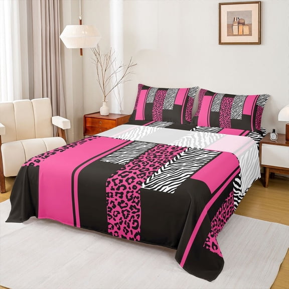 Homewish Geometric Striped Twin Sheet Sets,Leopard Print Zebra Lines Twin Fitted Sheet,Pink White Black Flat Sheet For Girls Kids,Luxury Bedroom Decor,3pcs