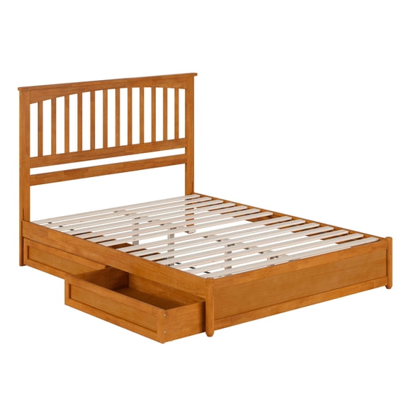 Everett Queen Wood Platform Bed with Panel Footboard & Drawers in Light Toffee