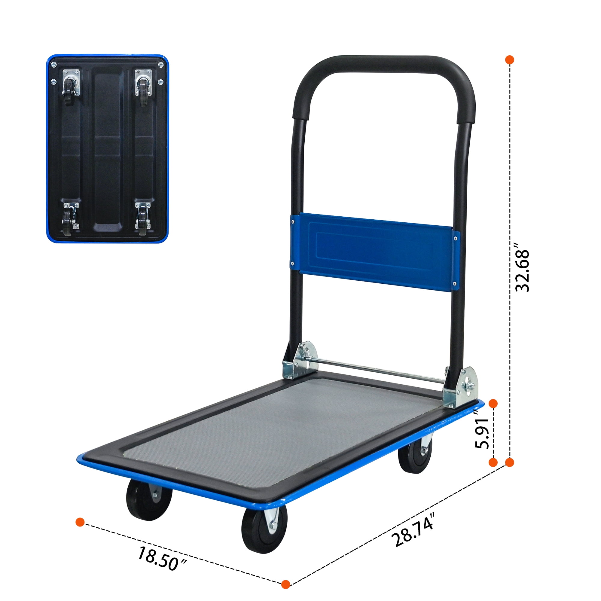 Flatbed Cart, 330lbs Heavy Duty Capacity Platform Hand Truck 360 Degree Swivel Wheels Foldable Push Hand Cart for Loading and Storage, Warehouse-Blue