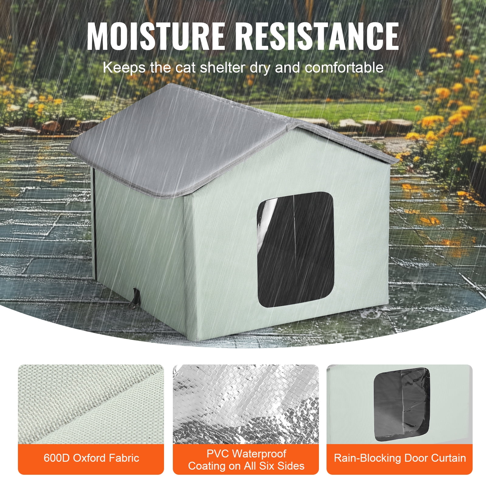 VEVOR Heated Cat House, Outdoor Kitty Shelter, 600D Oxford Cloth Foldable Cat Shelter with Heated Pad for Winter to Stay Warm and Cozy, Green (Middle)