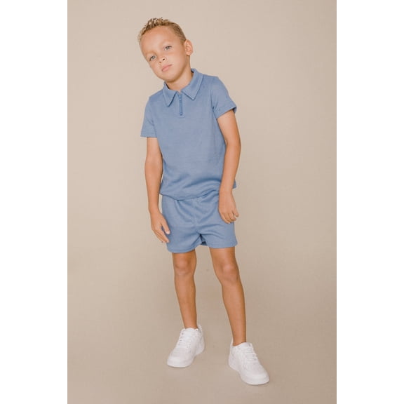 Waffle collar tee & elastisized short set