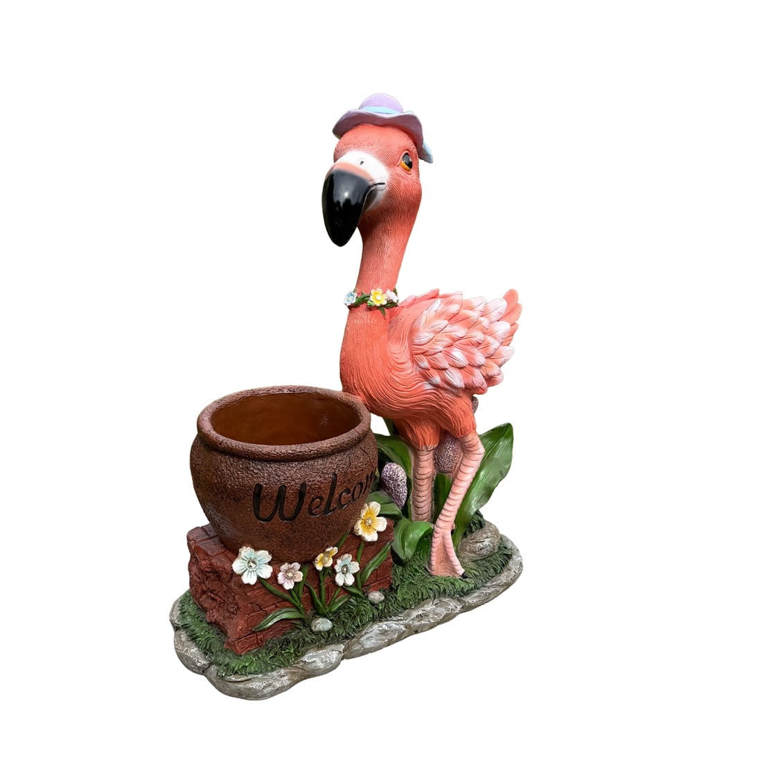 Flamingo Planter Statue with Top Hat and Bowtie Resin Garden Decor Flower Pot with Welcome Sign Outdoor Indoor Patio Porch Accent