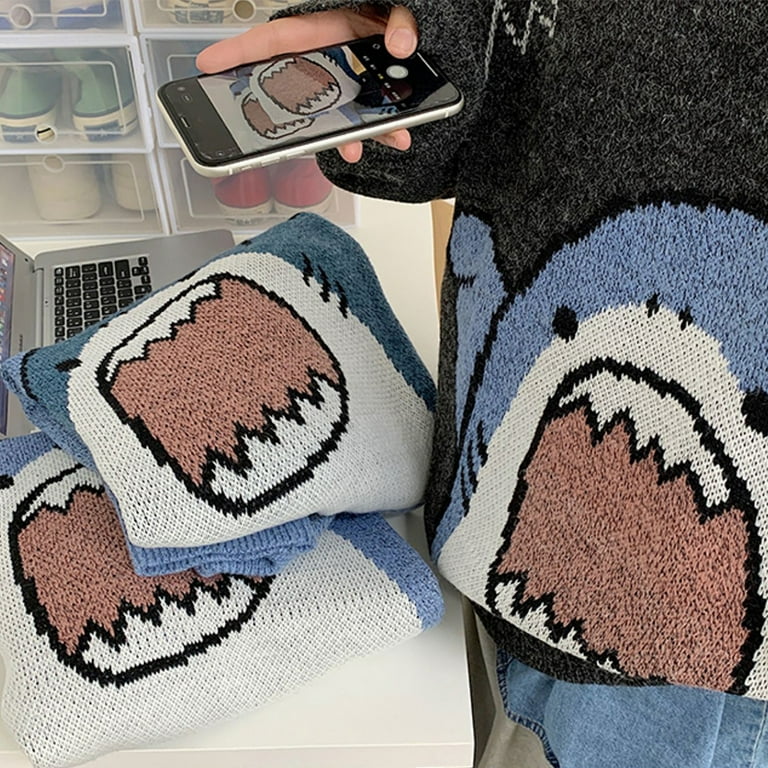 Leimezsty Unisex Cartoon Shark Sweater, Crew Neck, Long