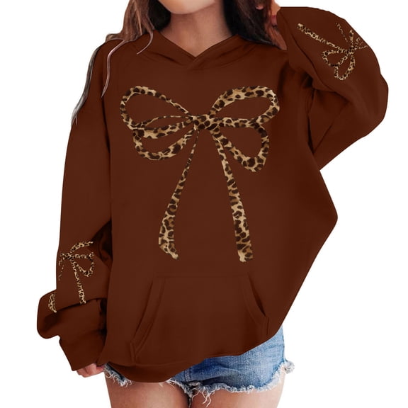 KKBOTIVE Girls Bow Printed Hoodies, Fashion Hooded Sweatshirt, Kids Casual Cozy Soft Pullover Top ( Brown Size: 3-4 years )