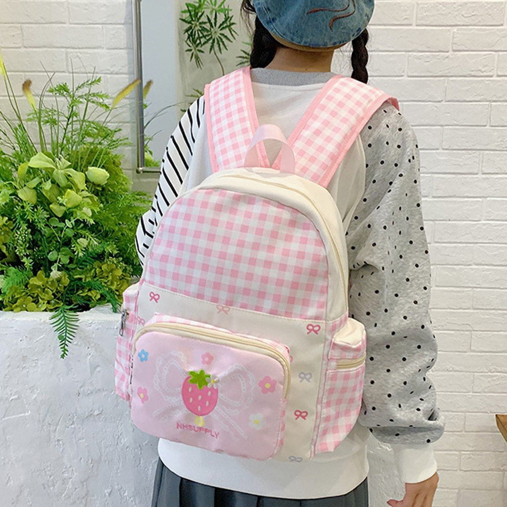 Yvsxxv Strawberry Plaid Backpack, Cute Korean Style Bow Daypack