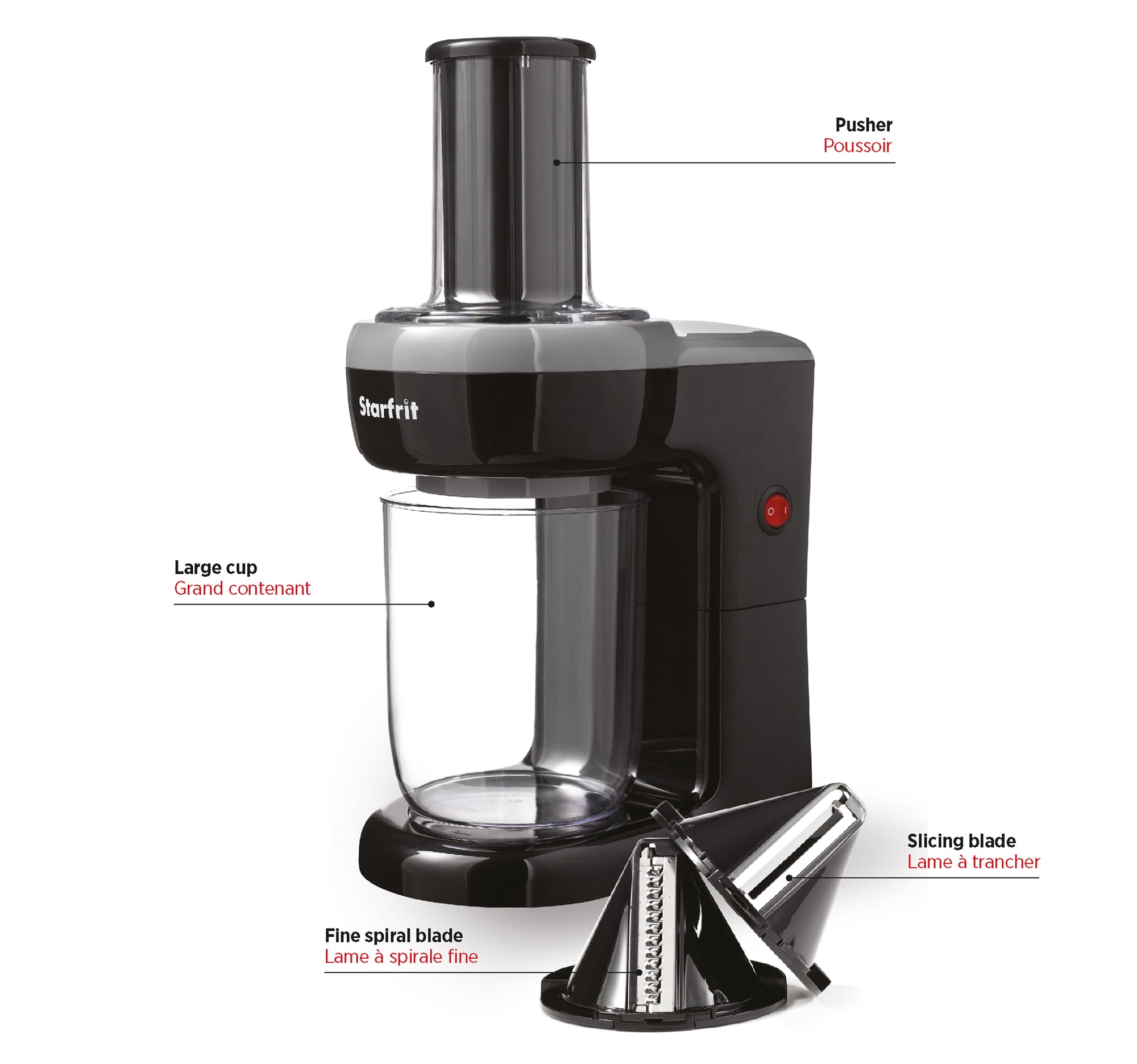 Starfrit Electric Spiralizer - Two blades - Large and small spirals - Food pusher - Great for vegetables - 60 W - Black