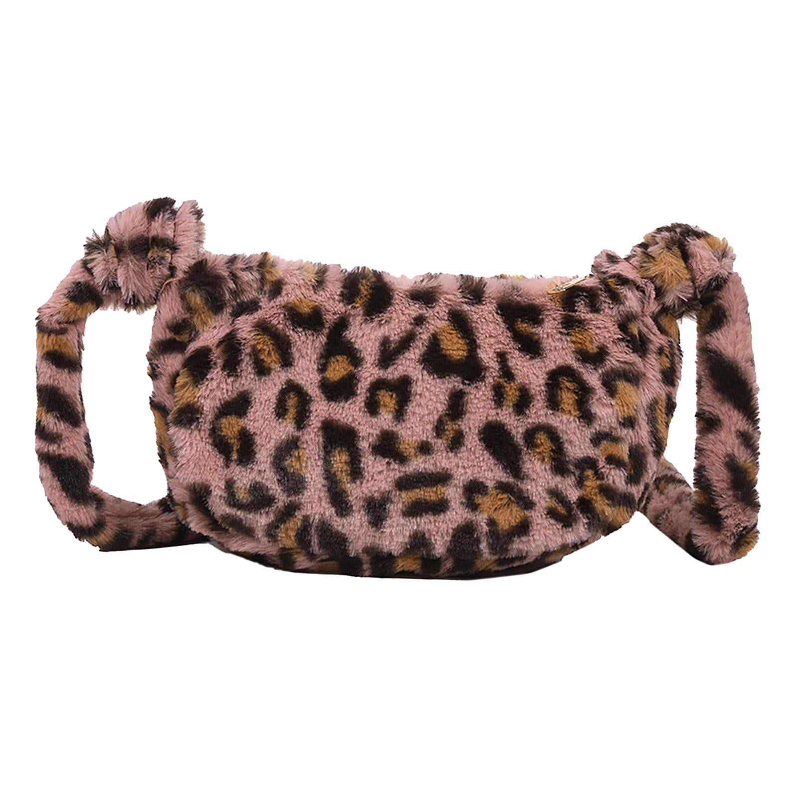 Womens Fluffy Leopard Print Crossbody Bag Soft Winter Shoulder Bag Handbag 