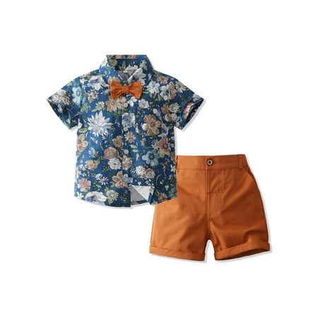 

Toddler Kids Boys Summer Clothes Flower Print Short Sleeve Bowtie Button Down Shirts Shorts Set Beach Gentleman Outfits