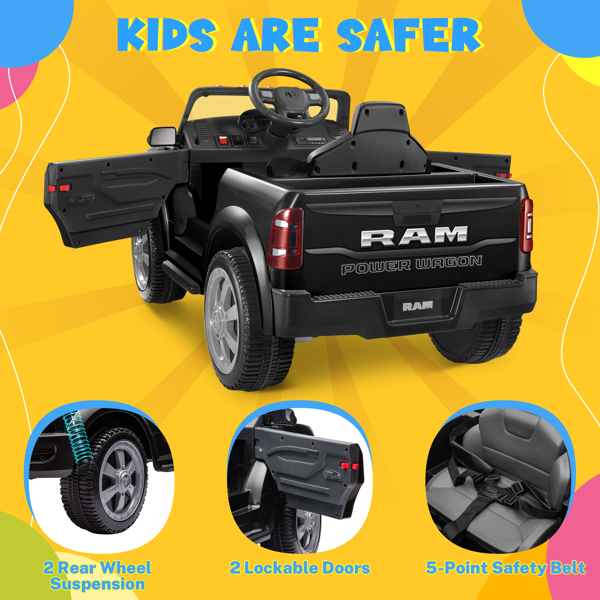 Ram Ride on Cars, 12V Licensed Powered Dodge Ram Ride on Toy Car with Remote Control, Electric Truck Car for Kids 3-5 w/Music Player/LED Headlights/Safety Belt/Water Cup Holder, Black
