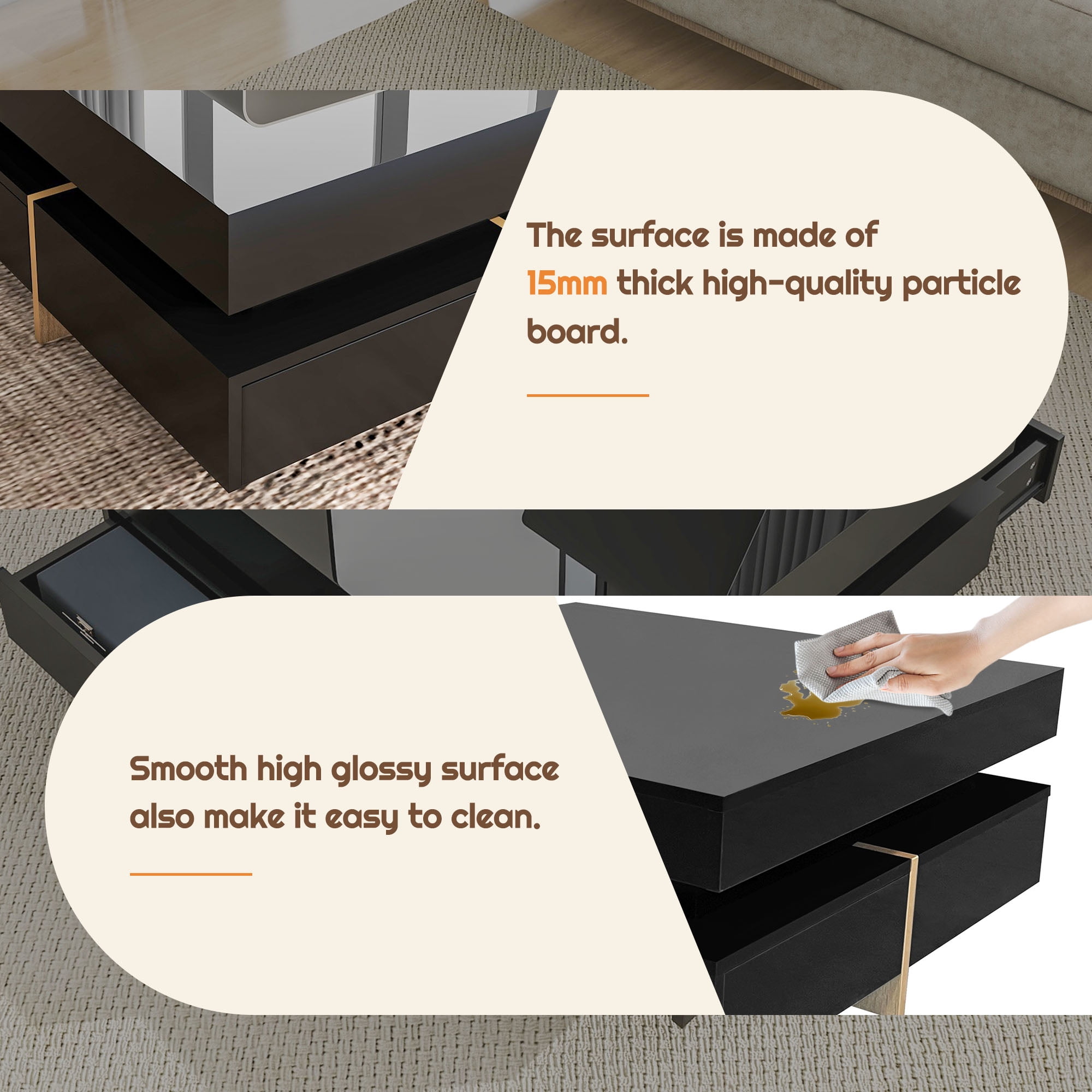MAYEERTY Modern High Gloss Coffee Table with 4 Drawers, Multi-Storage Square Cocktail Tea Table with Wood Grain Legs, Center Table for Living Room, 31.5''x31.5'', Black