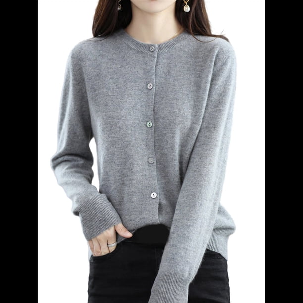 Suéter de Larga con Cuello Redondo de Color Liso para Mujer, Chaqueta de Punto Combinable para y Otoño Gris XXL