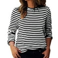thumbnail image 4 of Qicasul Women T-Shirts for Female Crew Neck Long Sleeve Loose Knit Striped T Shirt Black S, 4 of 6