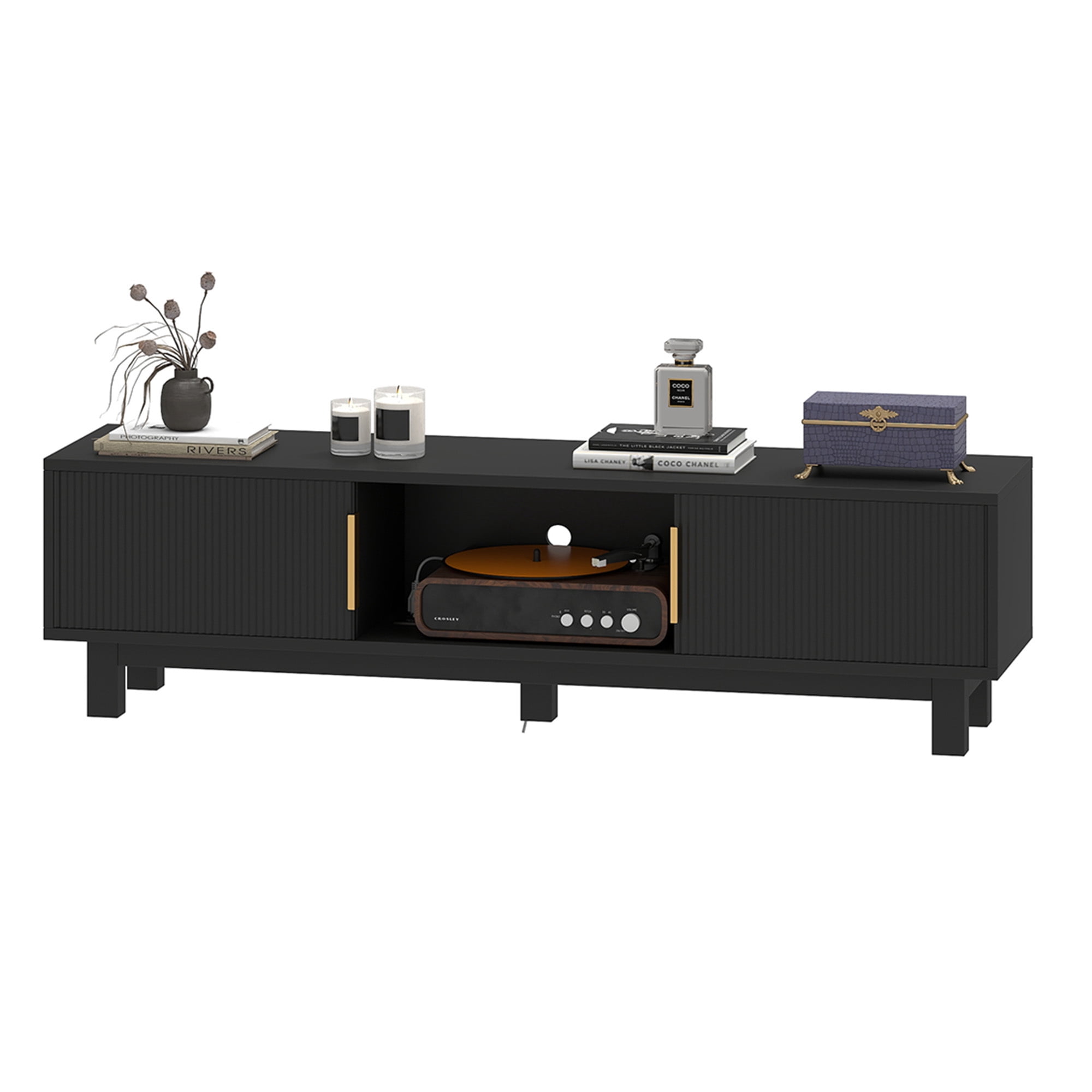 Uforic Fluted TV Stand for Living Room, 59" Mid Century Modern Entertainment Center with Power Outlets & Storage Compartments, Media Console for TVs up to 65 Inch, Black