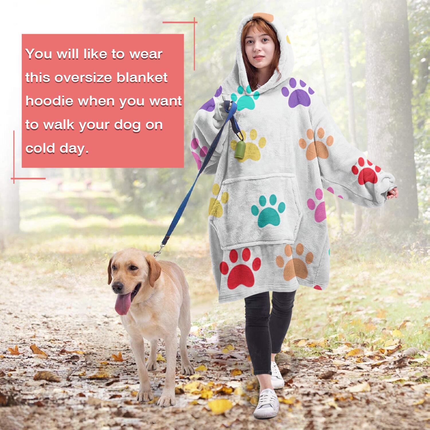 Colorful Dog Paw Footprint Wearable Oversized Blanket,Wearable Blanket Hoodie for Adults,Cozy Hooded Blankets with Super Pockets,Super Warm Fuzzy Pullover for Women & Men