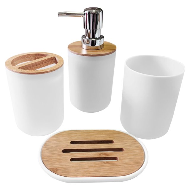 Muyoka Juego de accesorios de baño de 4 piezas con taza de enjuague bucal, taza de cepillo de dientes, botella desinfectante de manos, jabonera, artículos de tocador de baño, conjunto de baño impermea Muyoka Hogar