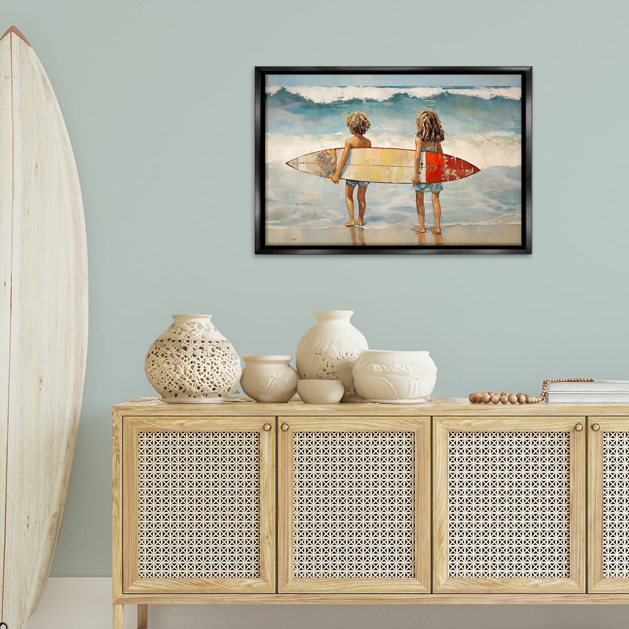 Stupell Industries Kids with Surf Waves People Painting Black Floater Framed Canvas Art Print Wall Art, 31 x 21