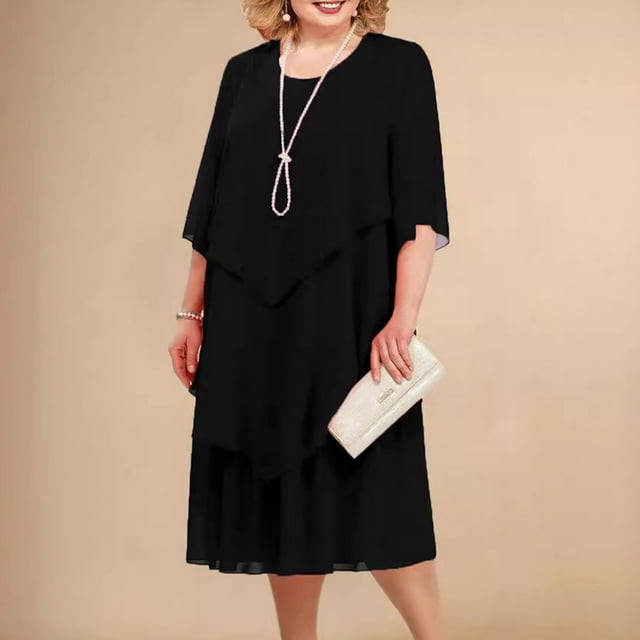 LSLJS Robe d'Été Mode Femme Couleur Unie Patchwork Chiffon Manches Mi-Longues Col Rond, Robe d'Été Plage