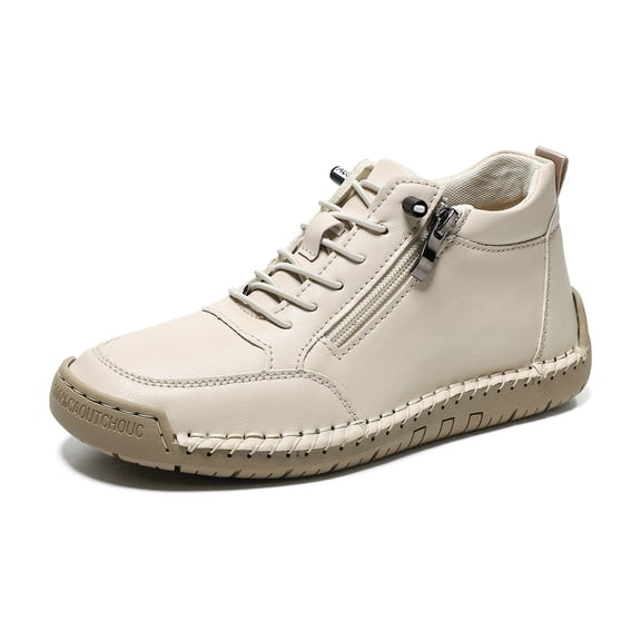 Women's Leather Trainers with Side Zip Flats Handmade Orthopedic Comfy Shoes Outdoor Casual Lightweight Non Slip Walking Shoe(Beige, 36)