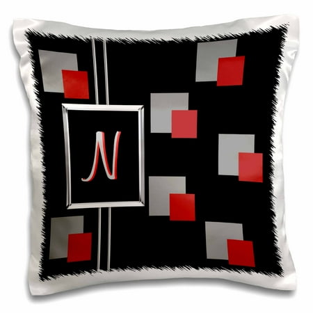 3dRose Modern Geometric Black Red Grey Square Pattern Monogram Letter N - Pillow Case, 16 by 16-inch