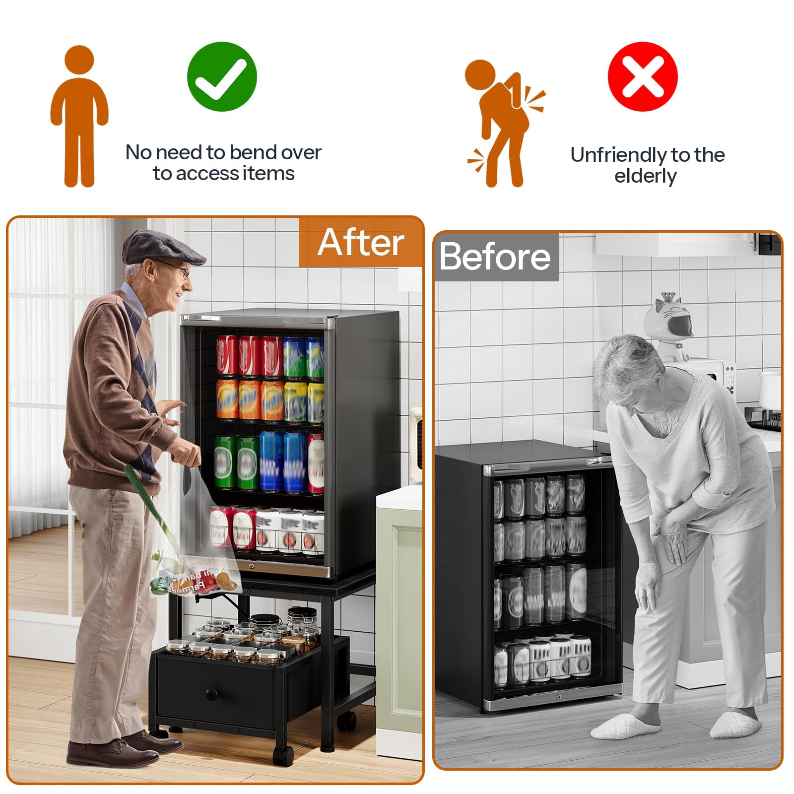 HOOBRO Mini Fridge Stand with Non-Woven Storage Basket and Power Outlet, Mini Fridge Cabinet with Wheels and Adjustable Feet, Mobile Fridge Shelf, for Home, Apartment, Dorm, Black BB355UBX01