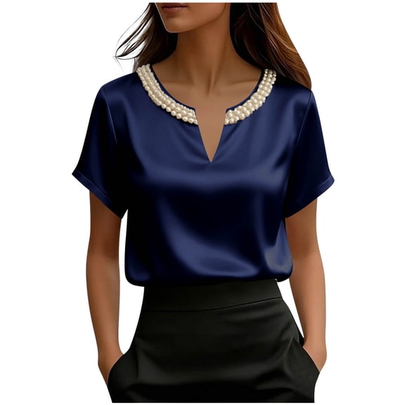 JGGSPWM Silk Satin Tops for Women Fashion Short Sleeve Dressy Shirts Elegant Summer V Neck Blouses Business Casual Outfits Blue XXL