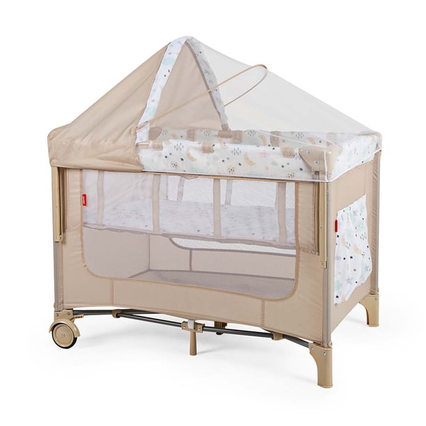 Cuna Colecho D’Bebé con 2 Niveles Mosquitero Acolchonado - Beige