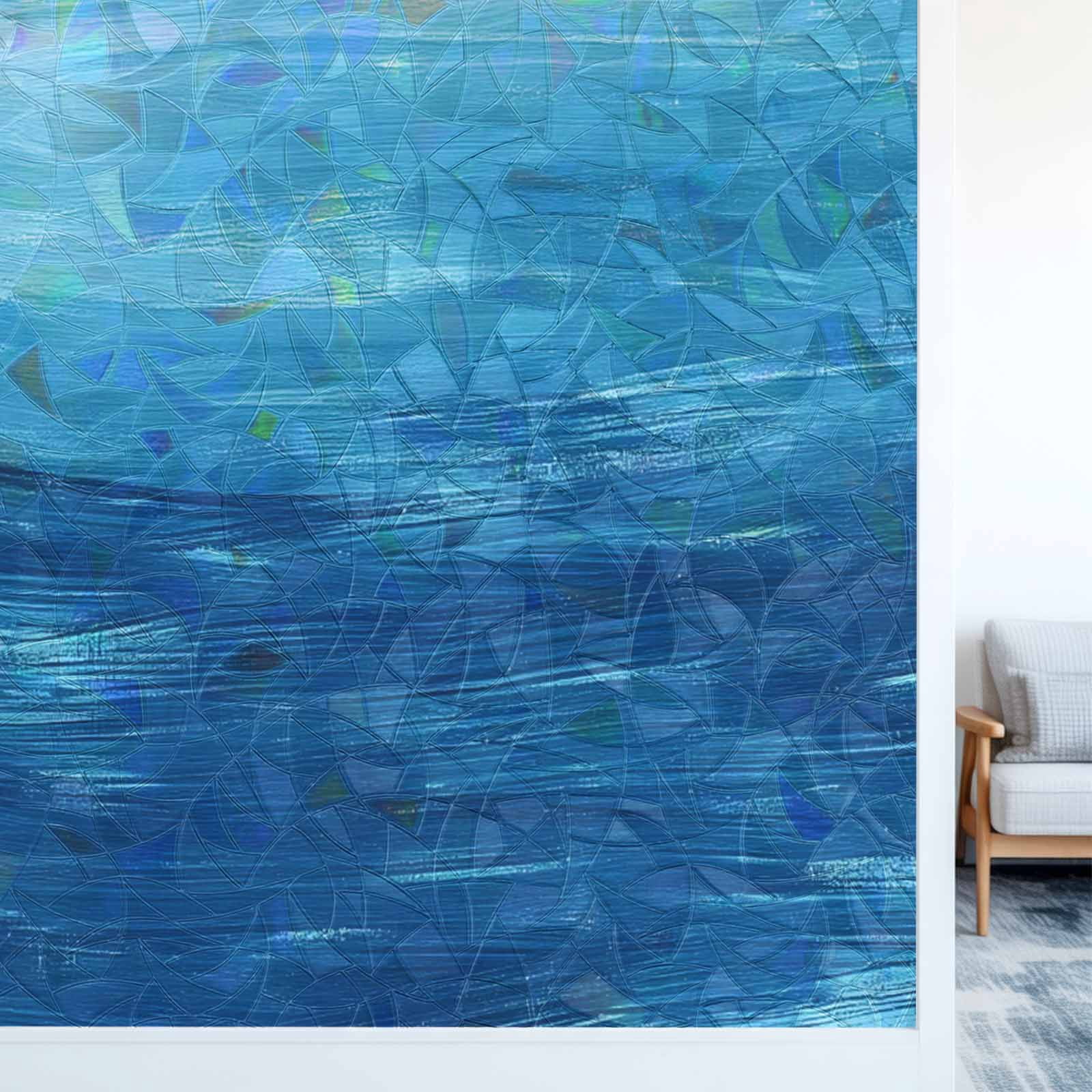 Rainbow Window Privacy Film, Sky Blue Coastal Static Cling Decorative Window Film PVC, Nautical Modern Ocean Wave No Glue UV Blocking Glass Covering, Removable Stained Glass Sticker 23.6''x59''