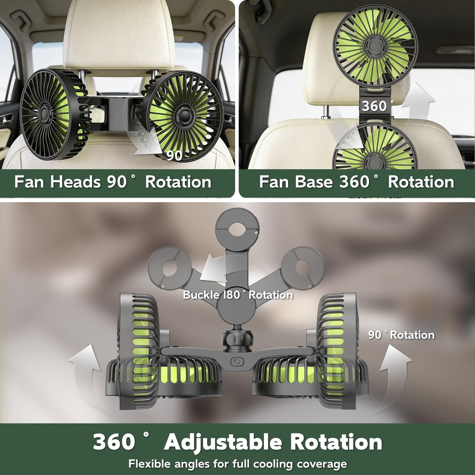 Yerloa USB Car Fans for Backseat,Dual Cooling Car Fans For Kids Baby,360° Rotatable Car Rear Headrest Fan,Powerful 3 Speeds 360° Rotatable Cooling Portable Car Seat Fan for Sedan SUV RV Truck Vehicle