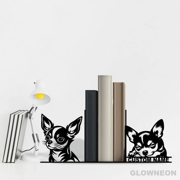 Glowneon Personalized Chihuahua Dog Bookend Metal Art, Book Ends Sign