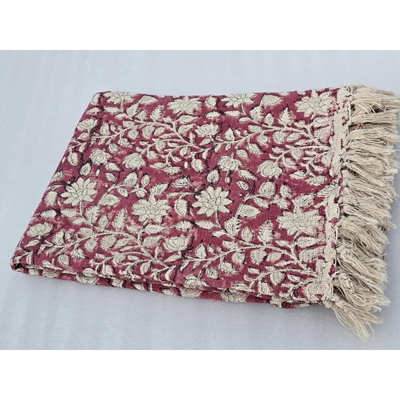 Premium Hand block Print Cotton Sofa Decor, Soft Cotton Blanket Room Décor Tassels Hand Loomed Lightweight Decorative throw Boho Bedding