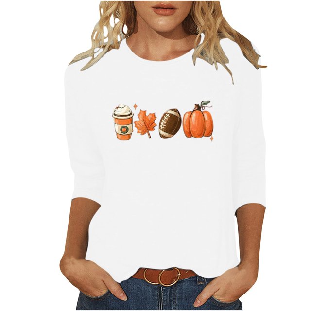 KIHOUT Hauts en Liquidation, Chemises à Manches 3/4 pour Femmes Blouse Imprimée Graphique d'Automne Col Rond T-shirts Décontractés Amples Chandails en Molleton Blouse