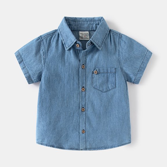 RTKFRFLM Boys Denim Shirt Short Sleeve Casual Collared Button Down Blouse Jean Top Western Style Outfits for Toddler Kids