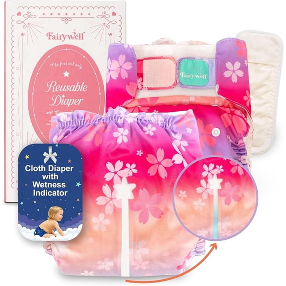 Reusable Cloth & Swim Diapers 2-in-1, Wetness Indicator, 1 Waterproof Skin Friendly Covers & Insert One Size Adjustable Washable (11-33 lbs, Cherry Blossom)