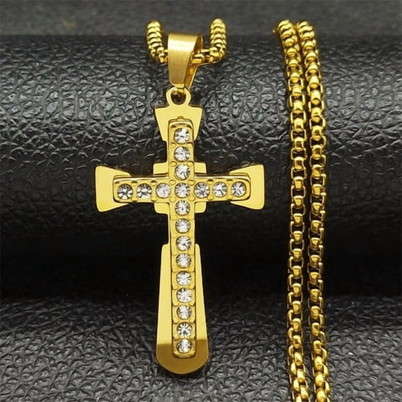 14K Yellow Gold Luxury Zircon Cross Necklace Pendant For Men Women Jewelry Accessories