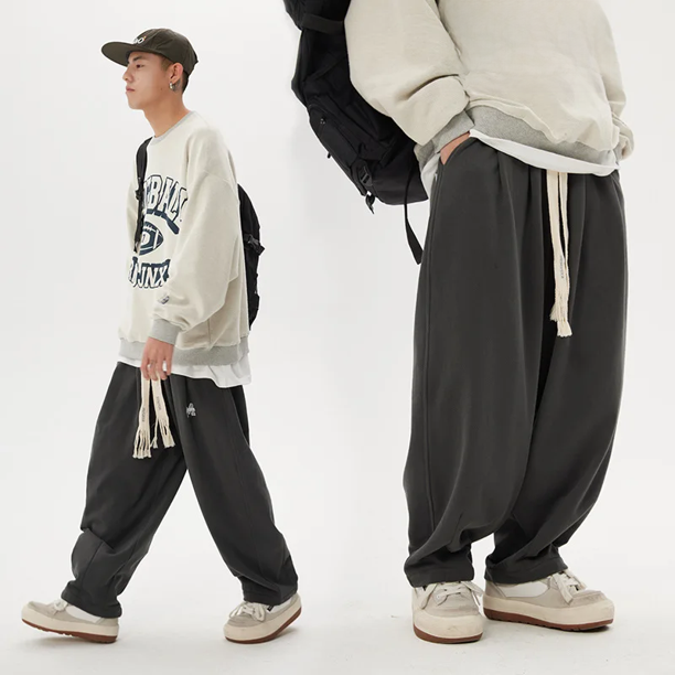 Pantalones deportivos holgados de color gris para mujer, pantalones casuales de estilo urbano Gyaru con pierna recta y drapeados