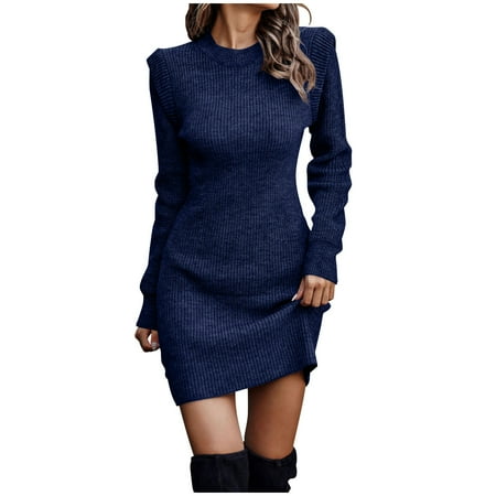 Olyvenn Womens Tunic Hip Wrap Knitted Sweater Bodycon Dress Fashion Classic Solid House Dress Mock Neck Ruched Warm Slim Fit Casual Flowy Smocked Raglan Cap Long Sleeve Prom Dress Dark Blue 16